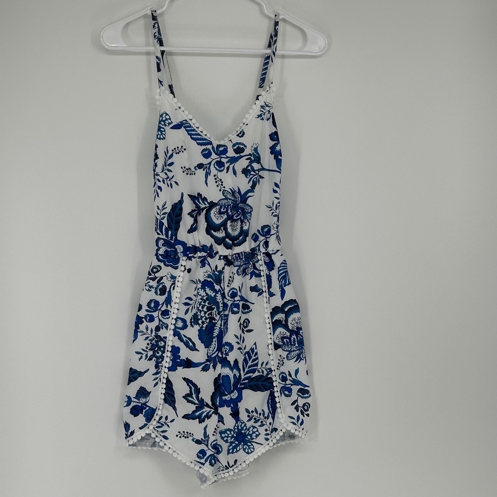 SHEIN Blue Floral Print Romper White Pom Pom Trim Spaghetti Strap Women's Size S